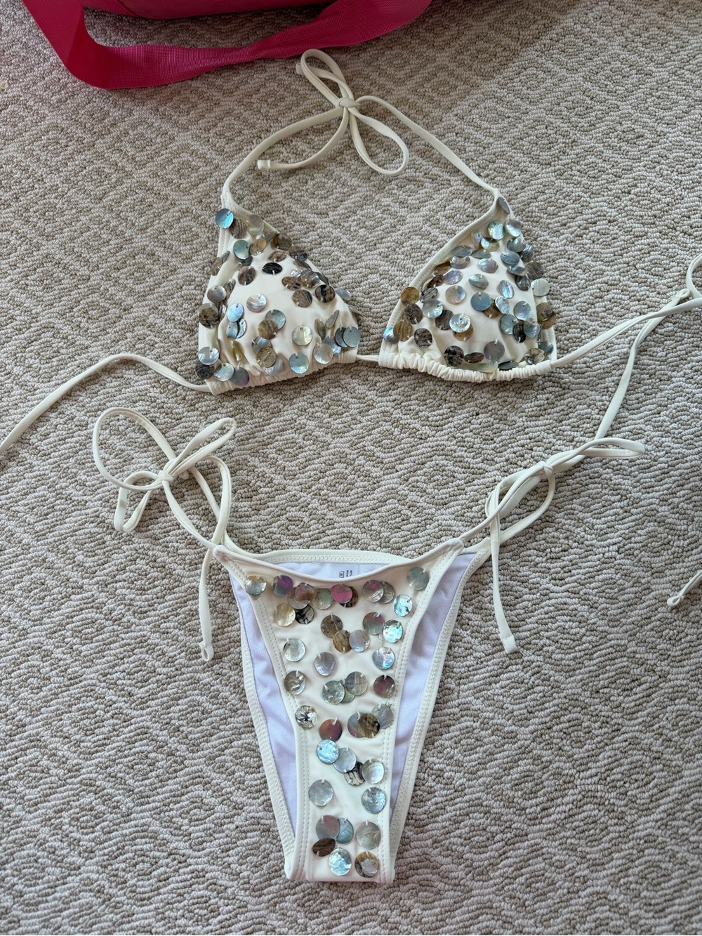 Embellished White Sequin Triangle Bikini Set Size S Never Worn